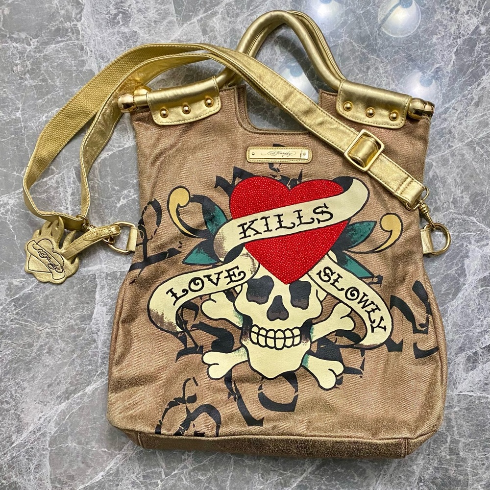 Cool Bag.Ed Hardy “Love Kills Slowly”Gold Styles Fashion, collection BAG